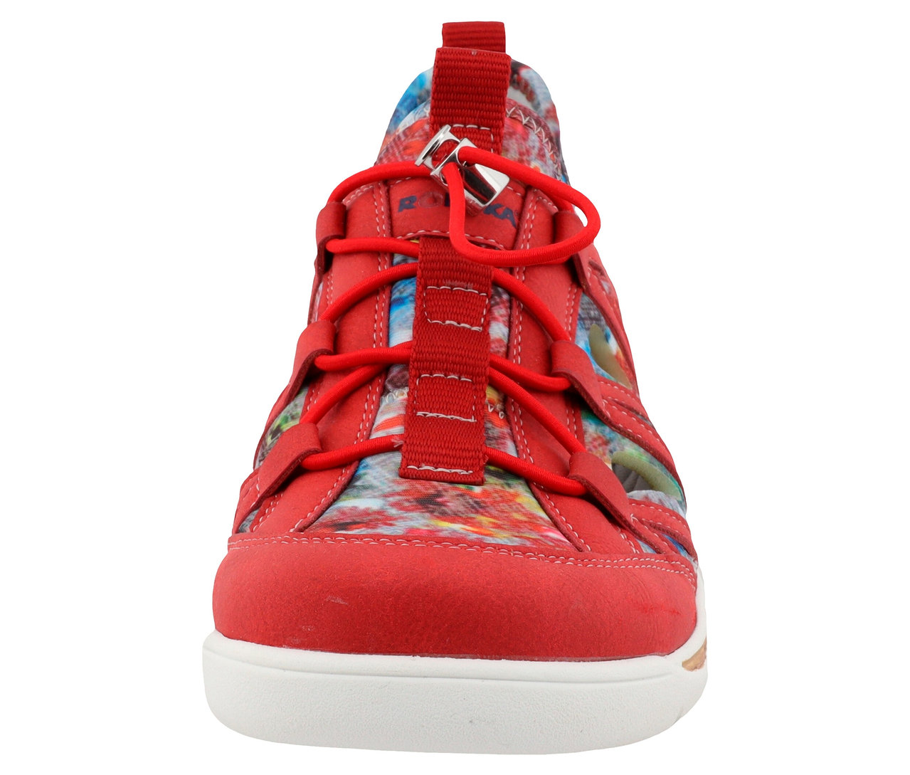 Chaussure à lacets rouge avec motif multicolore.