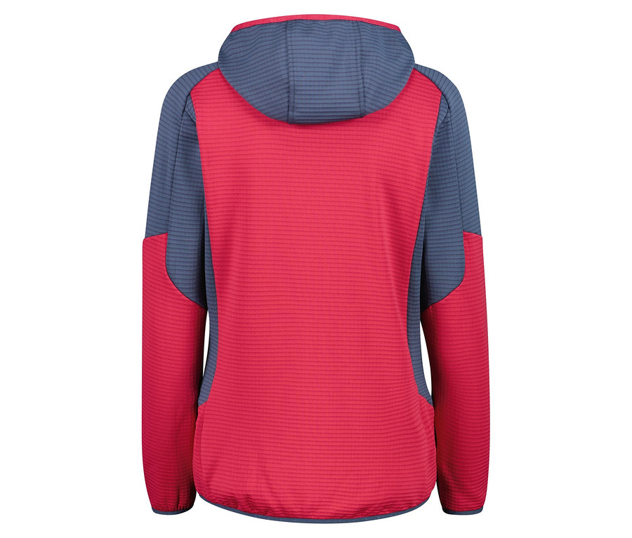 Vue arrière d'un sweat à capuche rouge et bleu.