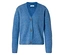 Cardigan en maille bleu à col en V et trois boutons marron, en laine certifiée RWS.