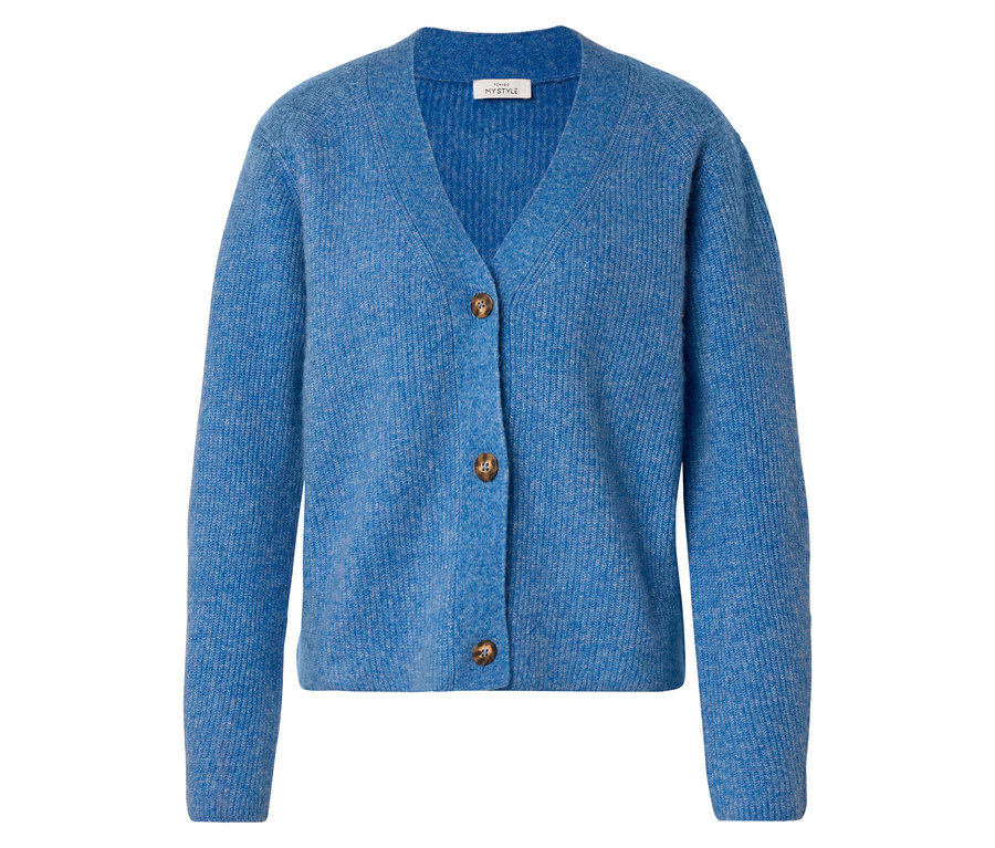 Cardigan en maille bleu à col en V et trois boutons marron, en laine certifiée RWS.