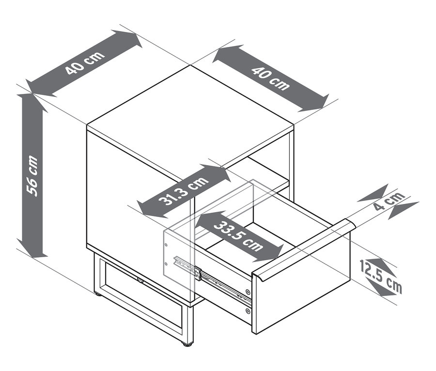 Vue de dessus d'une table de chevet « LEEG » avec un tiroir et des dimensions.