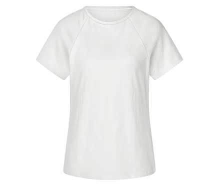 T-shirt blanc à manches courtes, encolure arrondie et motif ajouré sur les manches raglan.