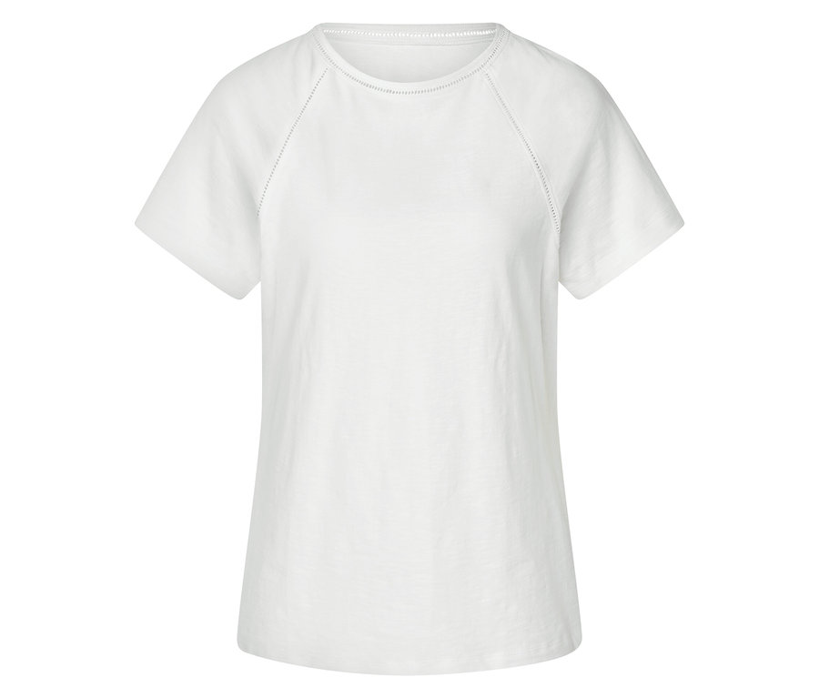 T-shirt blanc à manches courtes, encolure arrondie et motif ajouré sur les manches raglan.