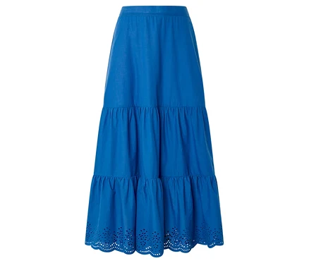 Maxi-jupe bleue à plusieurs niveaux avec ourlet ajouré.