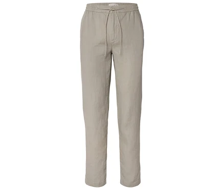 Pantalon beige en lin avec cordon de serrage à la taille sur fond neutre.