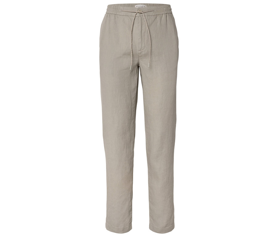 Pantalon beige en lin avec cordon de serrage à la taille sur fond neutre.