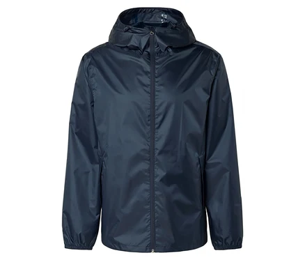 Veste de pluie bleu marine avec capuche et fermeture éclair.