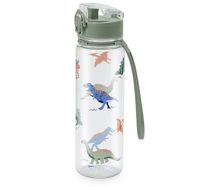Une bouteille d'eau transparente avec des motifs de dinosaures, un bouchon et une dragonne vert olive.