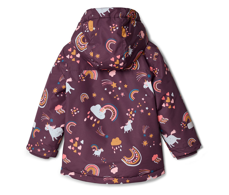 Vue arrière d'une veste violette à capuche pour enfant, imprimée de licornes, d'arcs-en-ciel, d'étoiles et de cœurs.
