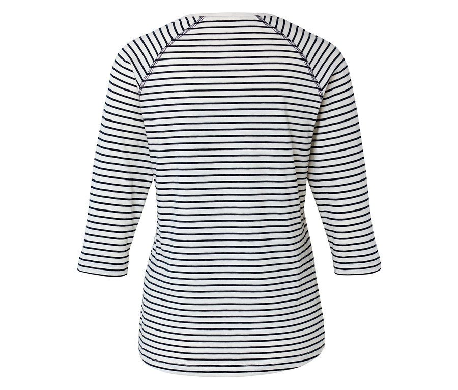 Vue arrière d'un t-shirt rayé à manches longues trois quarts.