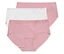 Trois slips avec des détails en dentelle rose et blanc sont superposés.