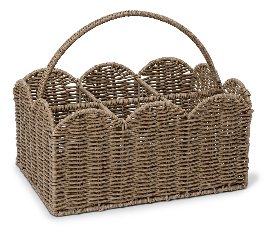 Un panier carré en osier brun clair avec une poignée et six compartiments se trouve sur un fond blanc.