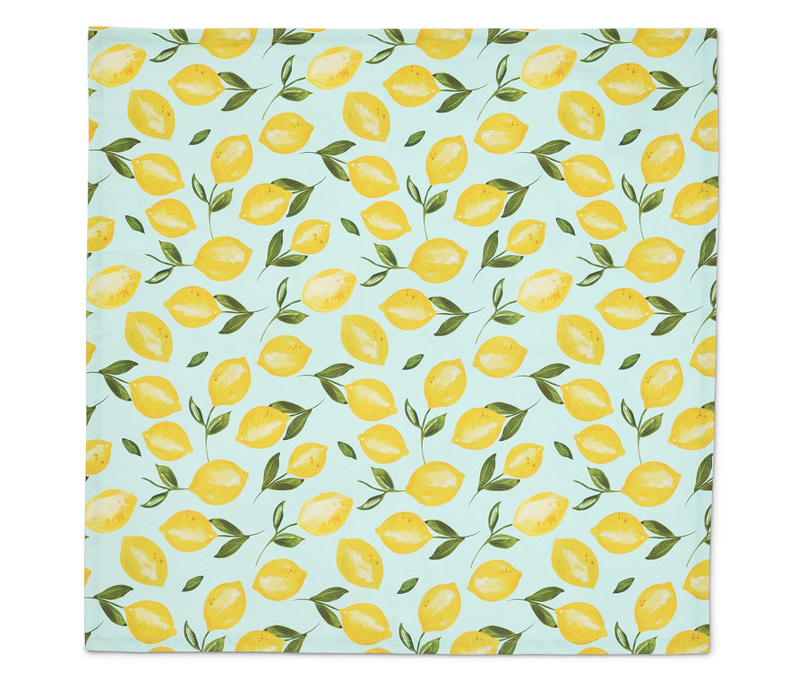 Un tissu bleu clair avec un motif de citrons jaunes et de feuilles vertes.
