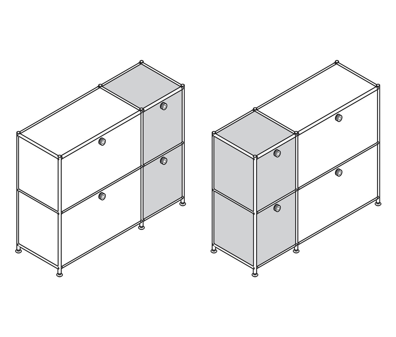 Deux buffets bas « CN3 » à quatre abattants, l'un gris et blanc, l'autre entièrement gris.