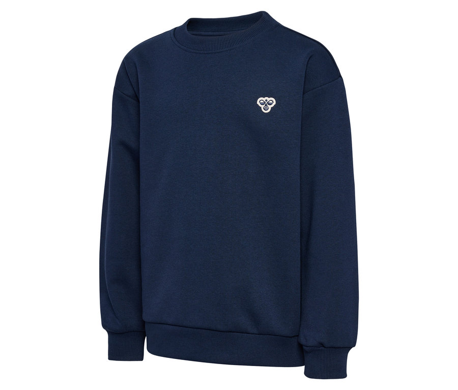 Sweat hummel® HMLJR Loose Crew Neck Bee bleu avec logo blanc sur la poitrine.