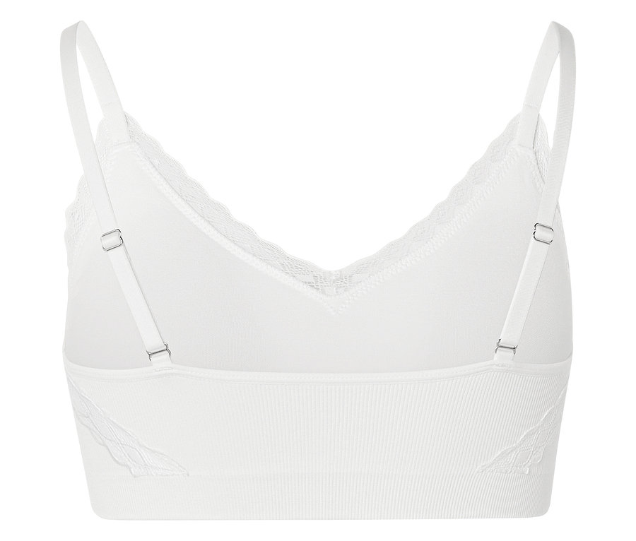 Vue arrière d'un soutien-gorge blanc avec de fines bretelles et des finitions en dentelle.