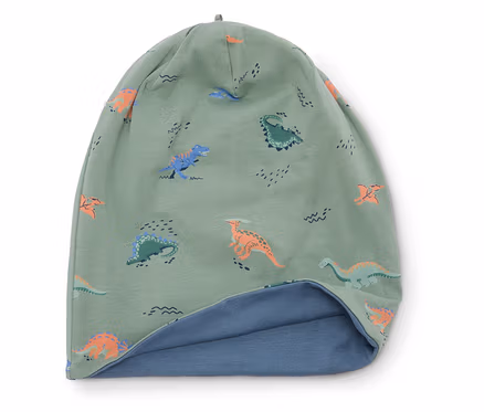 Bonnet vert clair à motifs de dinosaures avec doublure bleue.