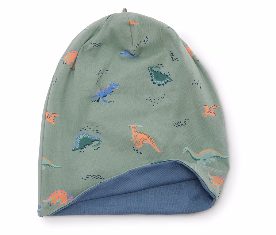 Bonnet vert clair à motifs de dinosaures avec doublure bleue.