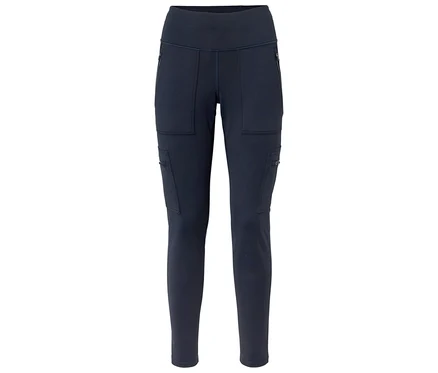 Pantalon cargo bleu foncé avec une large ceinture, des poches zippées aux hanches et plusieurs poches cargo sur les cuisses.
