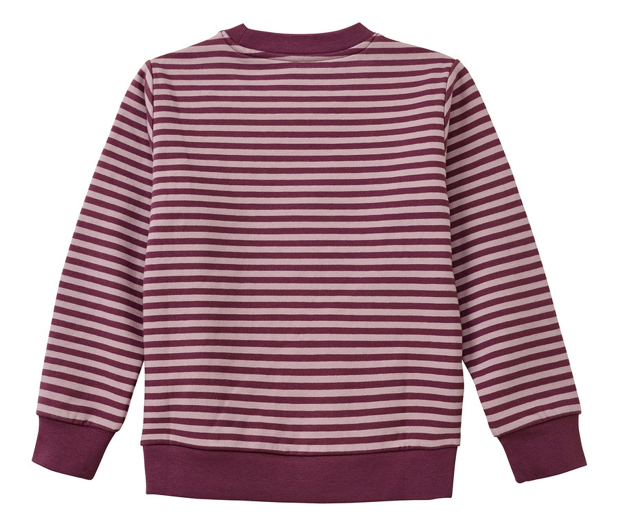 Vue de dos d'un t-shirt à manches longues avec des rayures horizontales rouge foncé et rose clair, avec un col rond, des poignets et un ourlet côtelés.