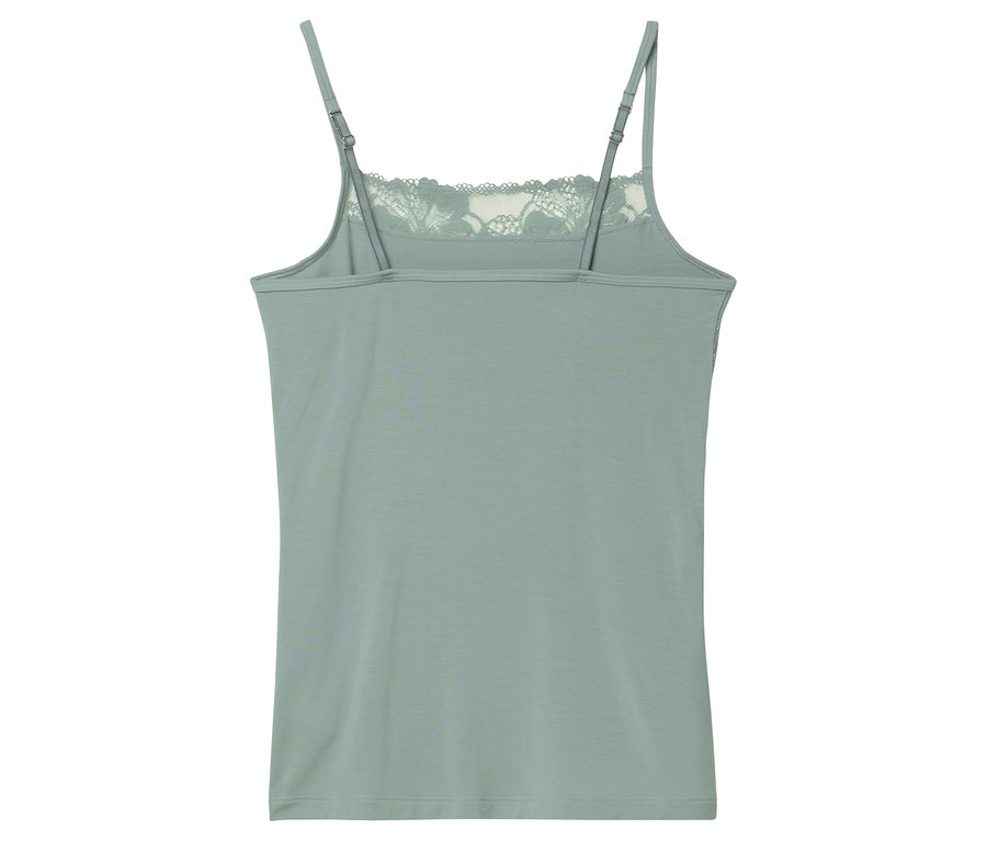 Vue arrière d'un haut sans manches pour femme, vert menthe, avec de la dentelle à l'encolure et des bretelles réglables.