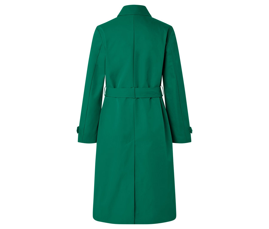 Vue arrière d'un manteau vert émeraude avec ceinture.