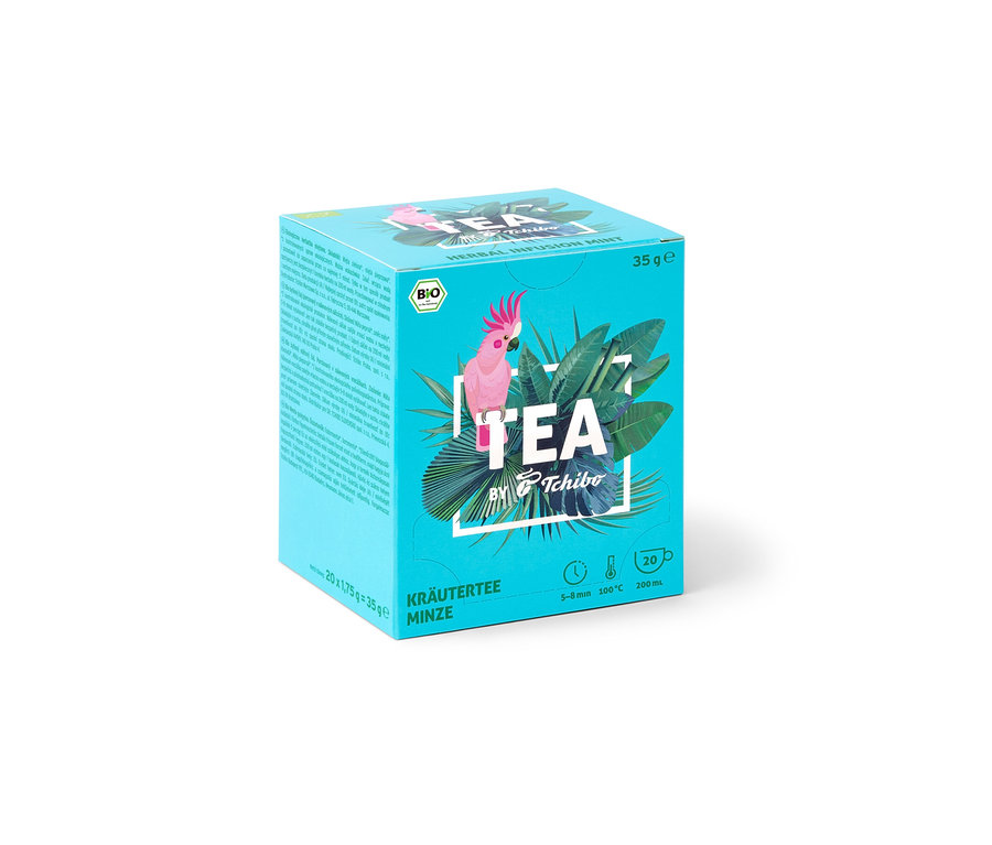 Paquet de BIO TEA by Tchibo Menthe avec un cacatoès et des feuilles tropicales.