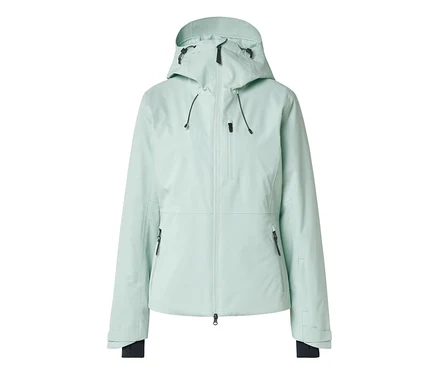 Une veste technique vert menthe clair avec une capuche, une fermeture éclair intégrale, une poche poitrine zippée et deux poches latérales zippées. La veste a des poignets ajustables avec des manchons intérieurs noirs.