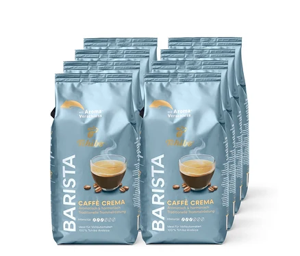 Plusieurs paquets de café Barista Caffè Crema dans un emballage gris avec une image de tasse à café.