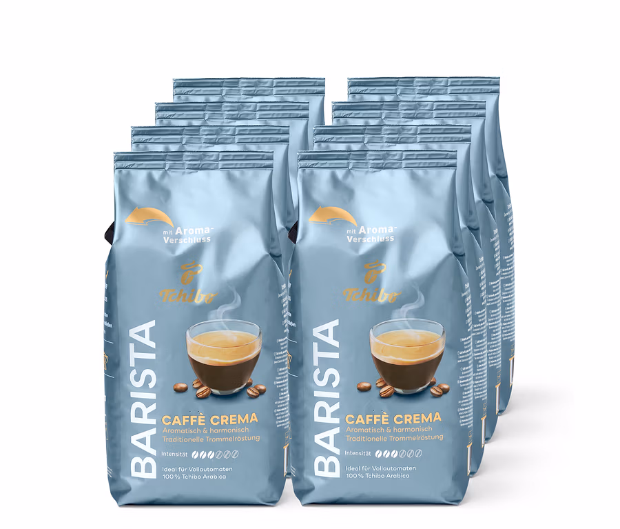 Plusieurs paquets de café Barista Caffè Crema dans un emballage gris avec une image de tasse à café.