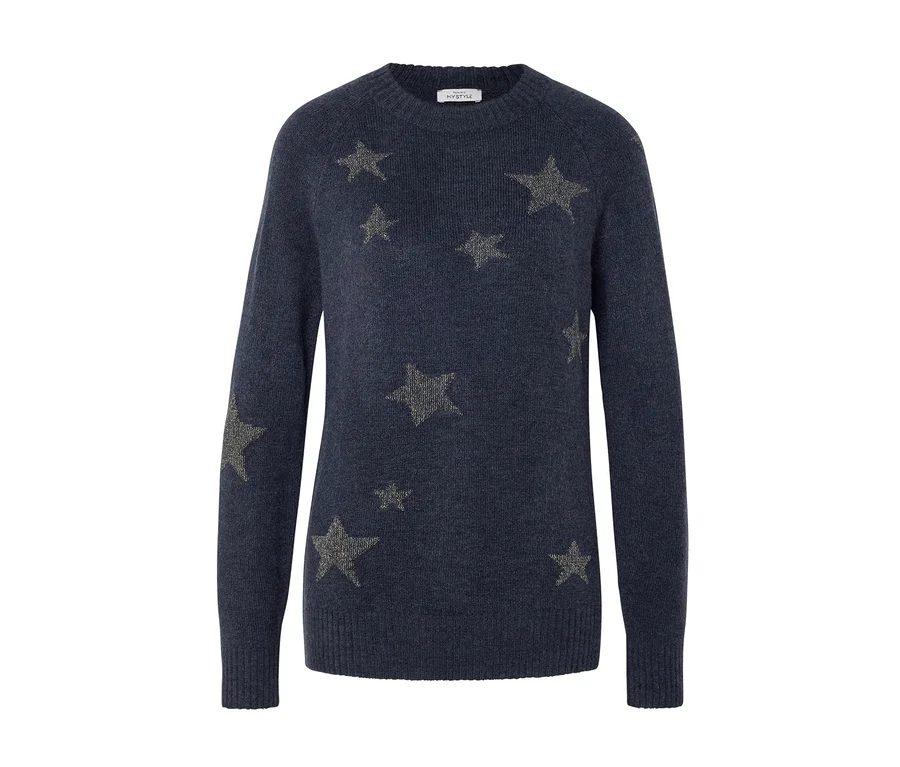 Pull bleu foncé à manches longues et col rond, orné d'étoiles scintillantes dispersées.