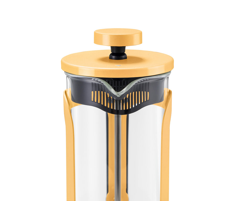 Cafetière à piston jaune avec corps en verre transparent, couvercle jaune et piston noir.