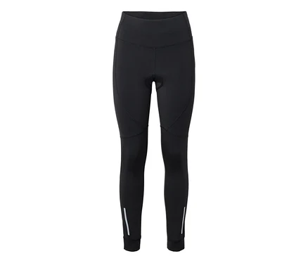 Legging de cyclisme noir avec une large ceinture, un rembourrage visible à l'entrejambe et des bandes réfléchissantes aux chevilles.