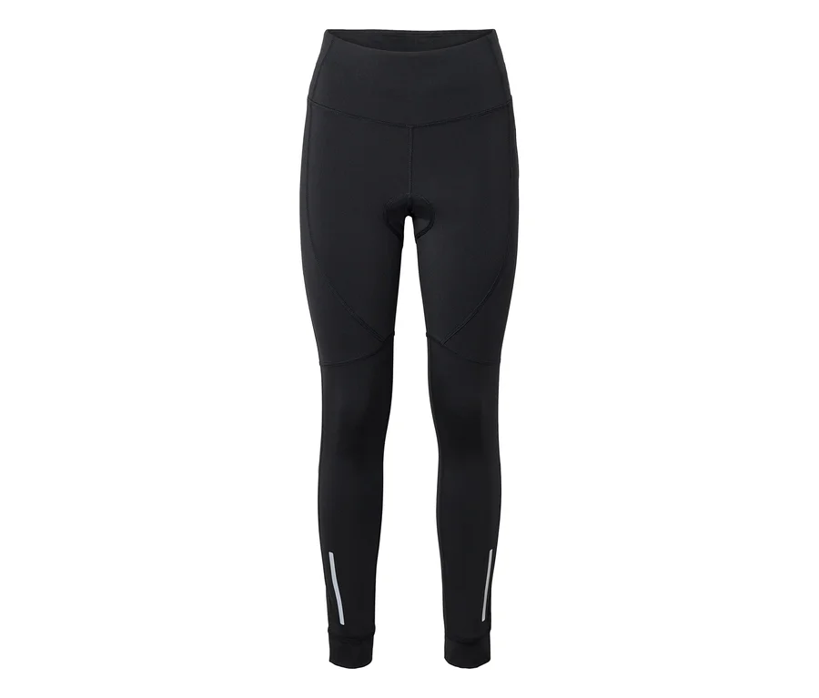Legging de cyclisme noir avec une large ceinture, un rembourrage visible à l'entrejambe et des bandes réfléchissantes aux chevilles.