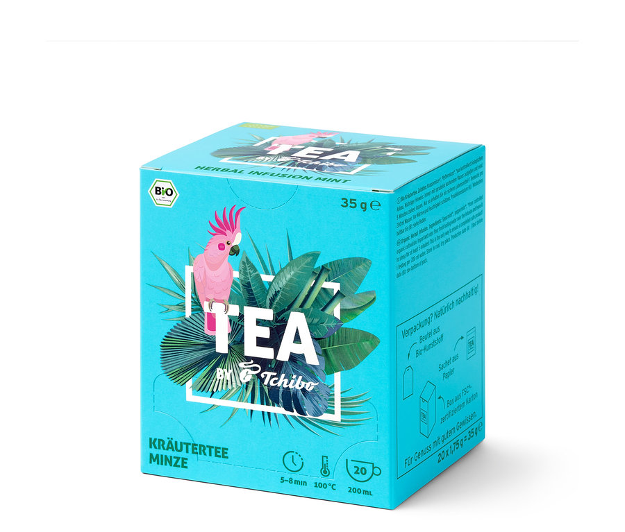 Paquet de BIO TEA by Tchibo Menthe 8x20x1,75g sur fond clair.