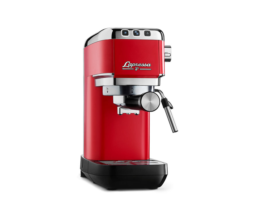 Une machine à porte-filtre « Lapressa » rouge sur fond blanc.