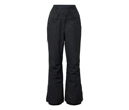 Pantalon de ski et de snowboard noir avec taille haute, fermeture boutonnée et poches zippées.