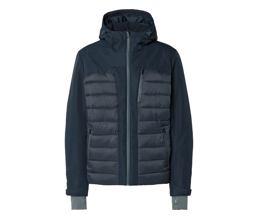Veste à capuche bleu foncé avec devant matelassé, manches lisses, fermeture éclair intégrale, poches zippées et poignets gris avec passe-pouces.