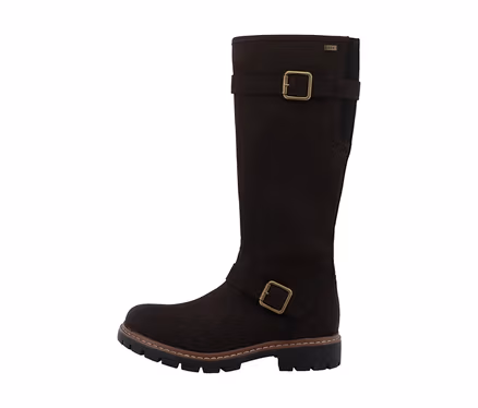 Bottes hautes Tom Tailor marron foncé en imitation daim, avec deux boucles couleur laiton et une semelle crantée.