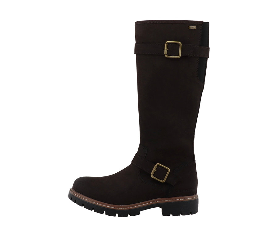 Bottes hautes Tom Tailor marron foncé en imitation daim, avec deux boucles couleur laiton et une semelle crantée.