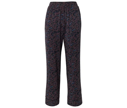 Pantalon ample marron foncé avec un imprimé léopard bleu et noir, doté d'une taille élastique.