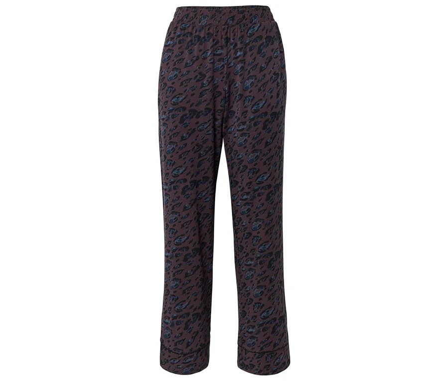 Pantalon ample marron foncé avec un imprimé léopard bleu et noir, doté d'une taille élastique.
