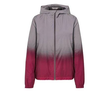 Veste de sport réfléchissante avec dégradé gris-rose, capuche et fermeture éclair.