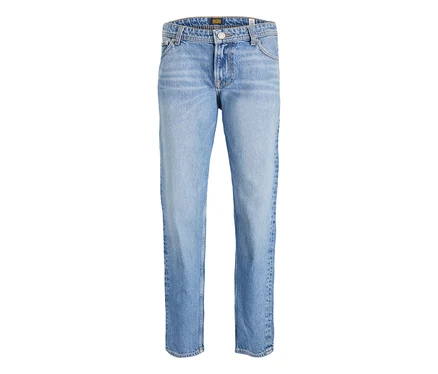 Jean Jack&Jones JJOriginal Chris bleu clair à coupe droite avec coutures visibles, sur fond blanc.