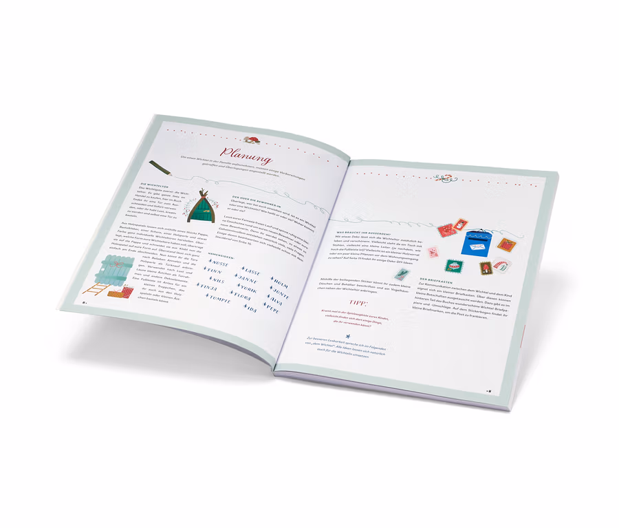 Un livre ouvert montre des pages avec des illustrations et du texte sur la planification. Livre « Hurra, ein Wichtel zieht ein! » (en allemand) visible.