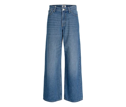 Jean bleu taille haute à jambe large, avec un aspect délavé et une étiquette Jack & Jones sur la ceinture.