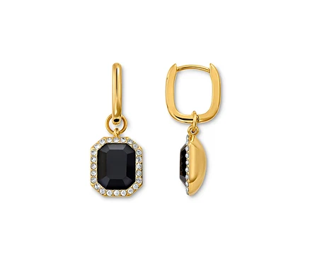Deux boucles d'oreilles Créoles Royal Black dorées avec pierre noire et cristaux transparents.