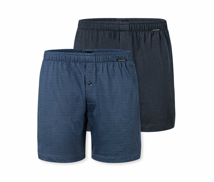 Deux boxers en jersey SCHIESSER avec imprimé bleu.