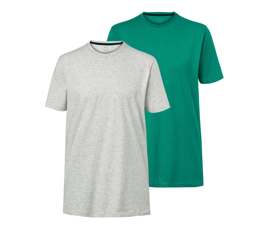 Deux t-shirts à encolure ronde : un gris clair et un vert.