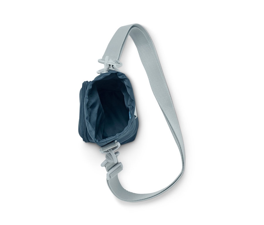 Sac à bandoulière bleu pour bouteille avec une sangle grise.
